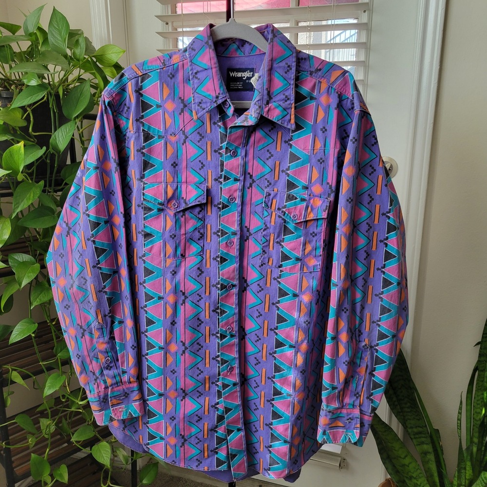 VTG Wrangler Western Shirt Mens 17-34 Geometric Aztec Purple Brushpopper 90s USA